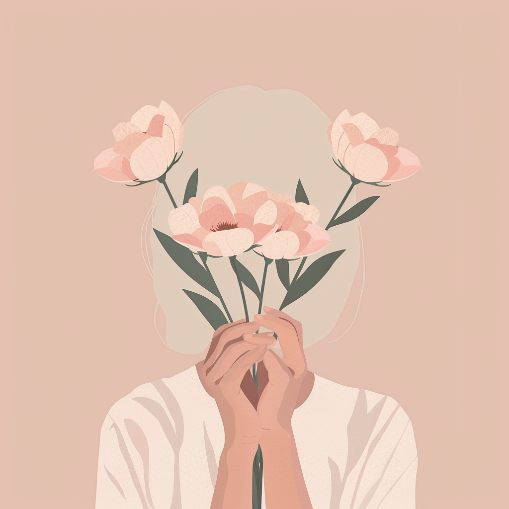 Illustration of a woman holding flowers in front of her face, symbolising healing, self-protection, and rebuilding identity after toxic relationships.
