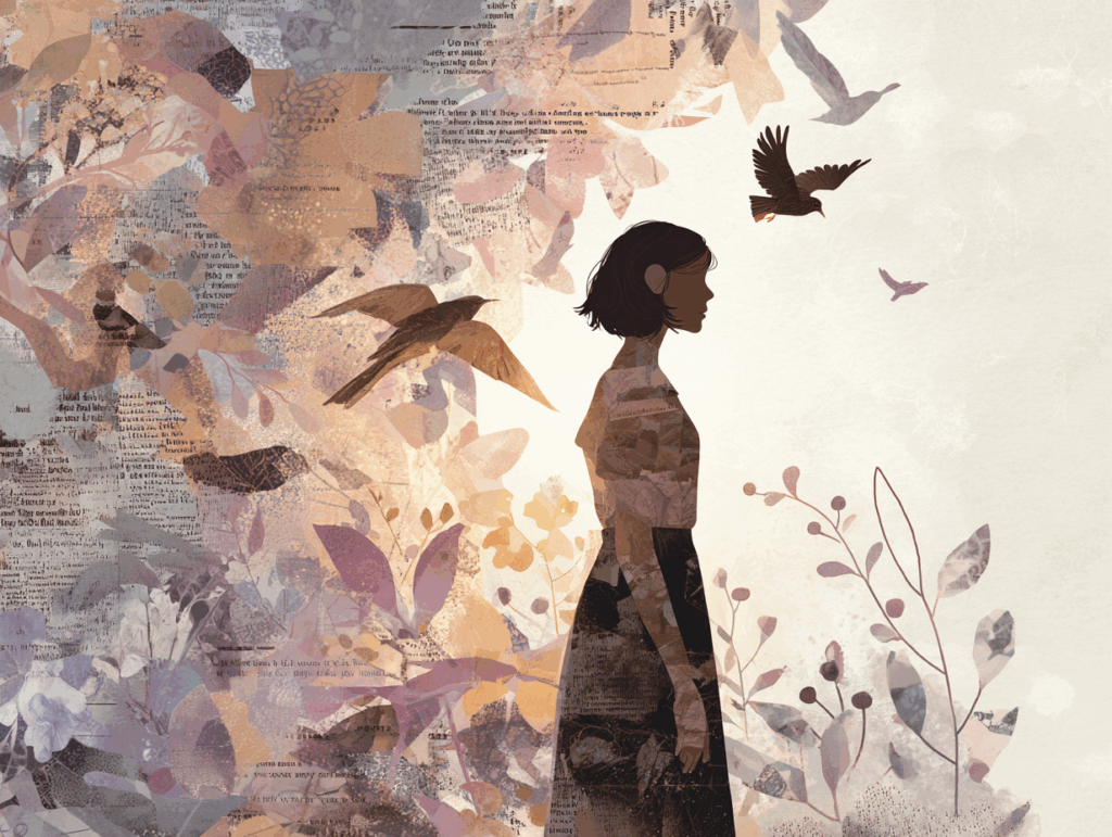 A symbolic mixed-media illustration of a woman in profile stepping into light, with layered paper textures, soft florals, and birds in flight behind her, representing clarity, boundary-setting, and healing from toxic relationship abuse.