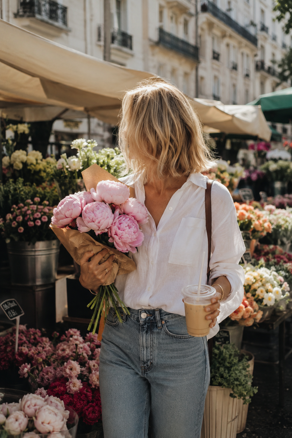 Woman holding pink flowers at an outdoor flower market