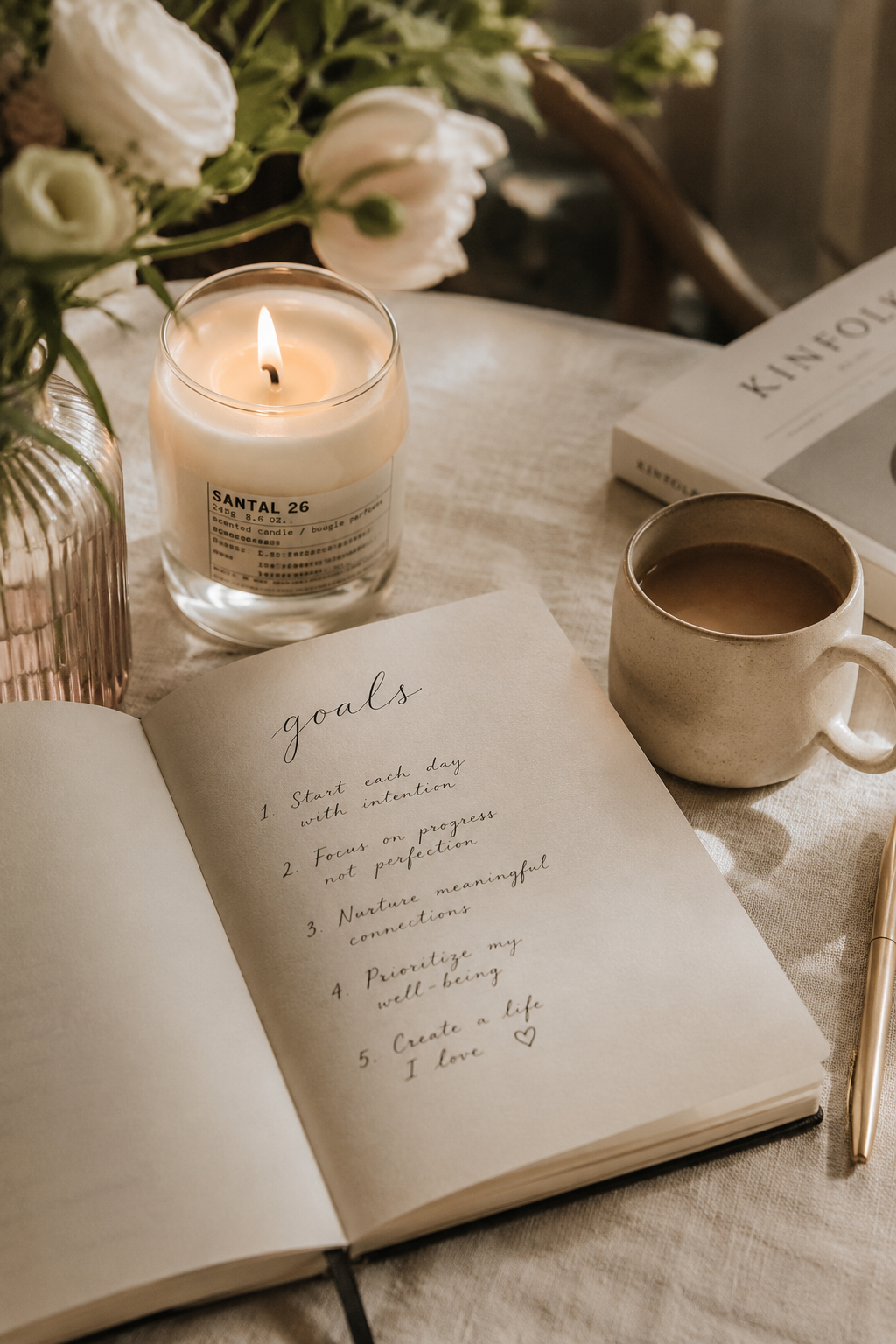 Chapter & Change journal, candle and flowers arranged for a quiet planning ritual