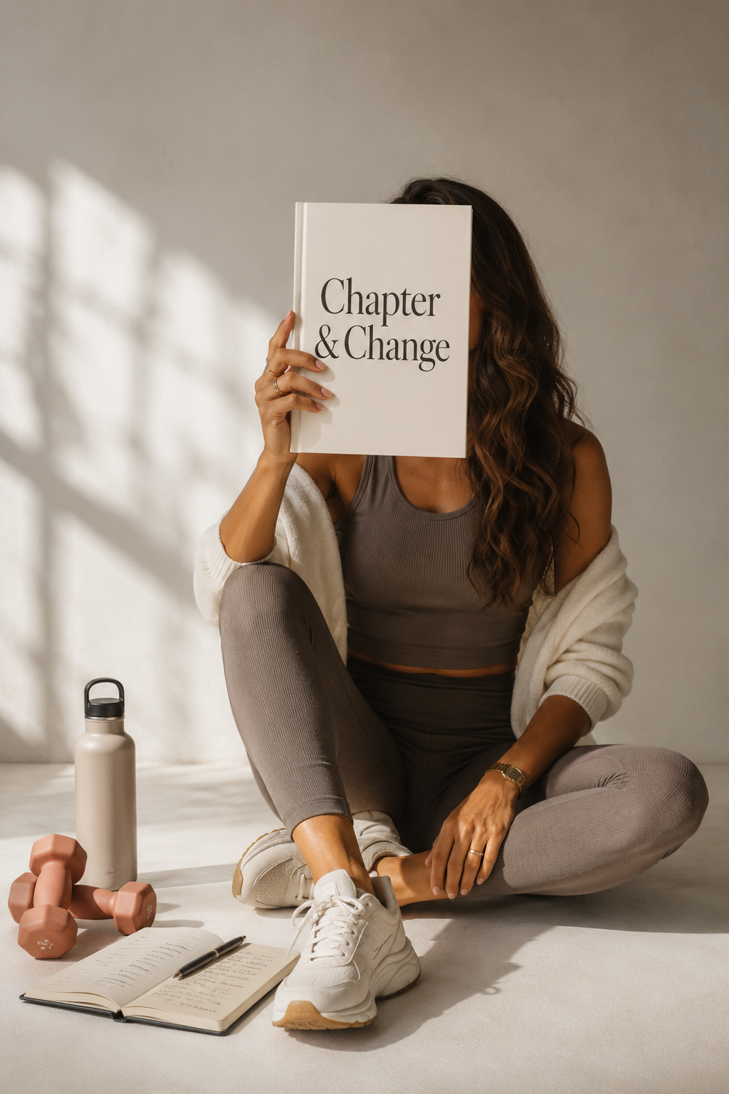 Woman holding a Chapter & Change planner in a calm home workout setting