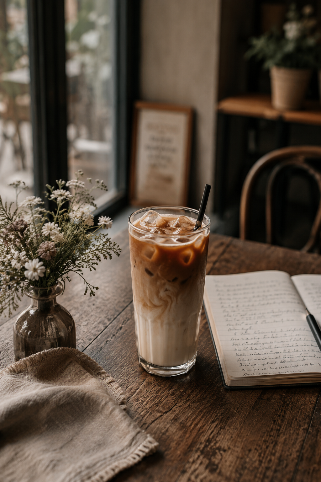 Iced coffee beside flowers in a quiet café