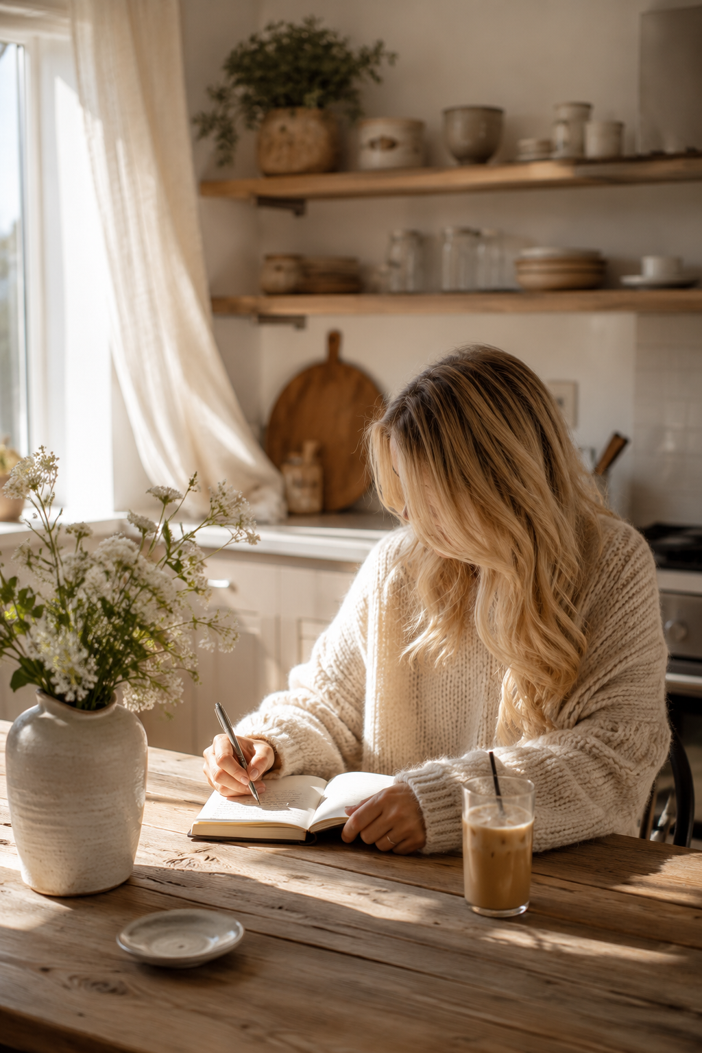 Woman journaling at home beside a bright kitchen window