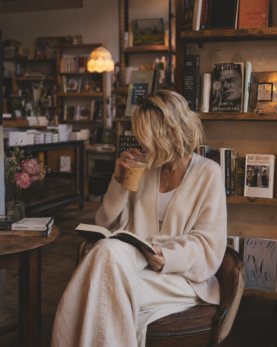 Woman reading with a coffee in a quiet bookshop