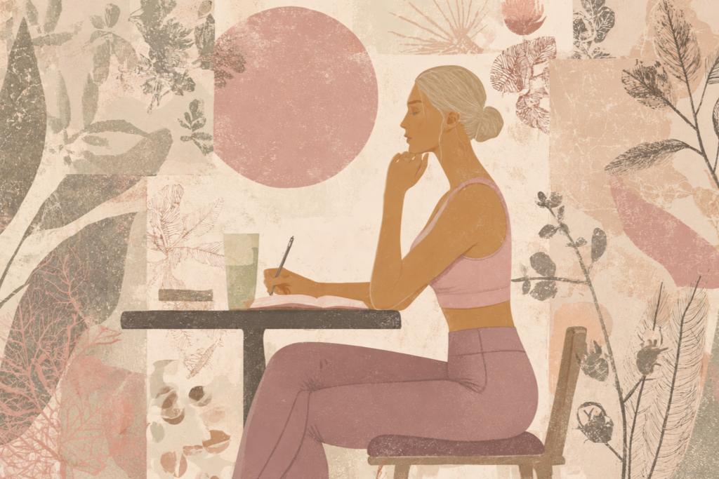 Woman writing in a planner at a kitchen table